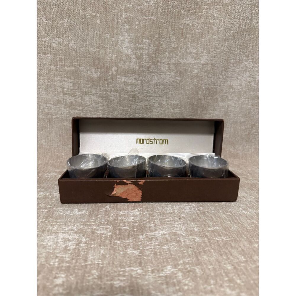 Vintage 80's Nordstrom Set Of 4 Pewter Shot Glasses in Brown Gift Box Silver